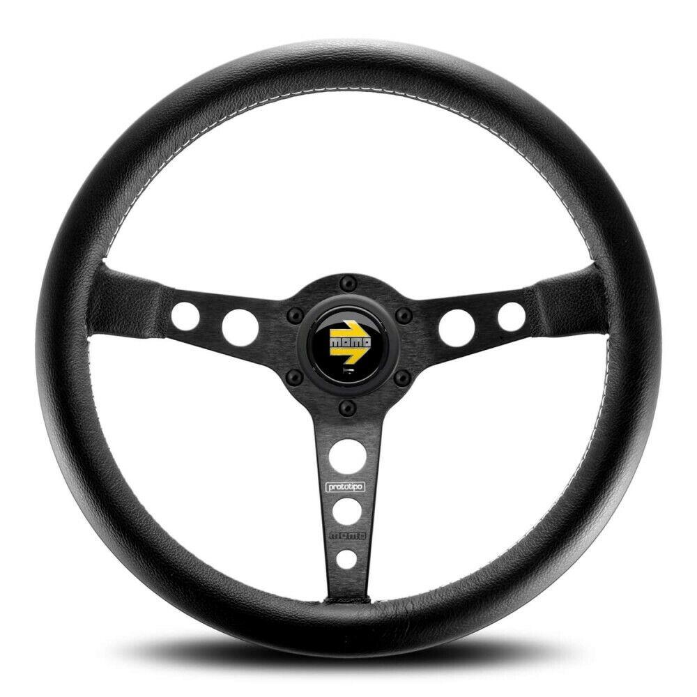 Momo Prototipo Steering Wheel 370 mm - Black Leather/White Stitch/Brushed Black Ano Spokes - Torque Motorsport