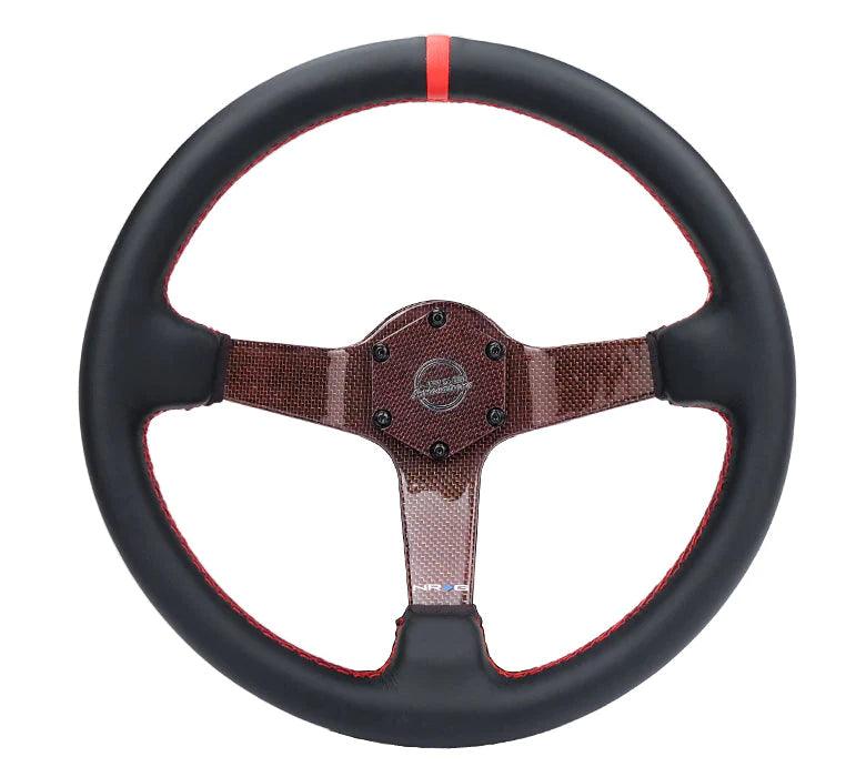 NRG Carbon Fiber Steering Wheel 350mm 3in Deep Red Carbon Fiber Red Stiching Red Center Mark Leather - Torque Motorsport