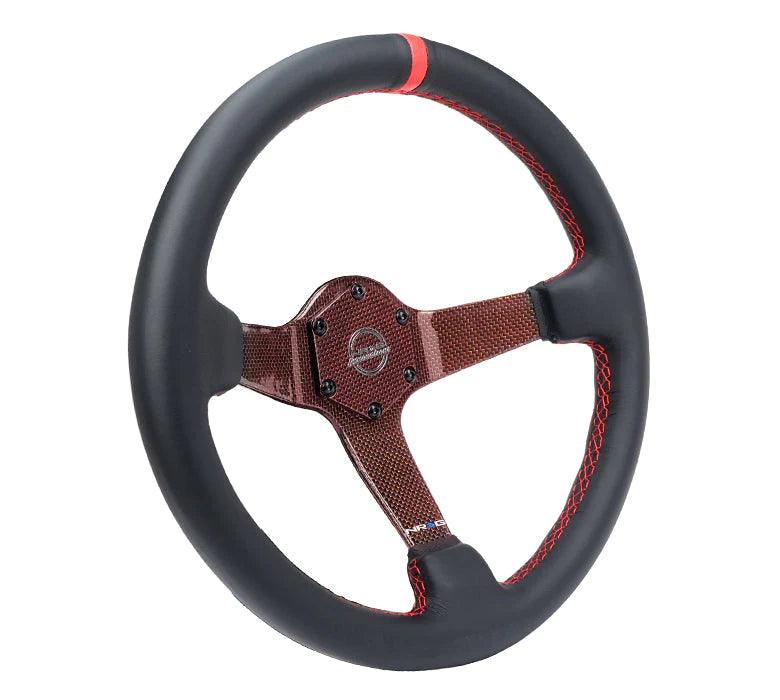 NRG Carbon Fiber Steering Wheel 350mm 3in Deep Red Carbon Fiber Red Stiching Red Center Mark Leather - Torque Motorsport