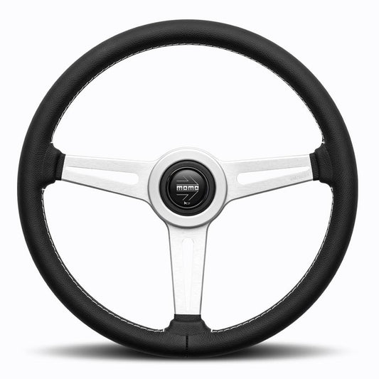 Momo Retro Steering Wheel 360 mm - 4 Black Leather/Wht Stitch/Brshd Spokes - Torque Motorsport