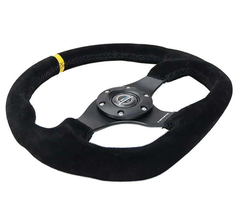 NRG Reinforced Steering Wheel (320mm) Sport Suede Flat Bottom w/ Yellow Center Mark