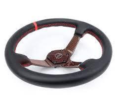 NRG Carbon Fiber Steering Wheel 350mm 3in Deep Red Carbon Fiber Red Stiching Red Center Mark Leather - Torque Motorsport