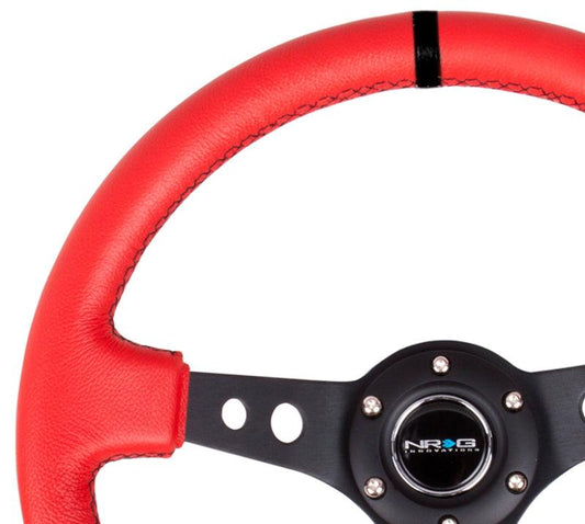 NRG Reinforced Steering Wheel (350mm / 3in. Deep) Red Suede w/Blk Circle Cutout Spokes - Torque Motorsport