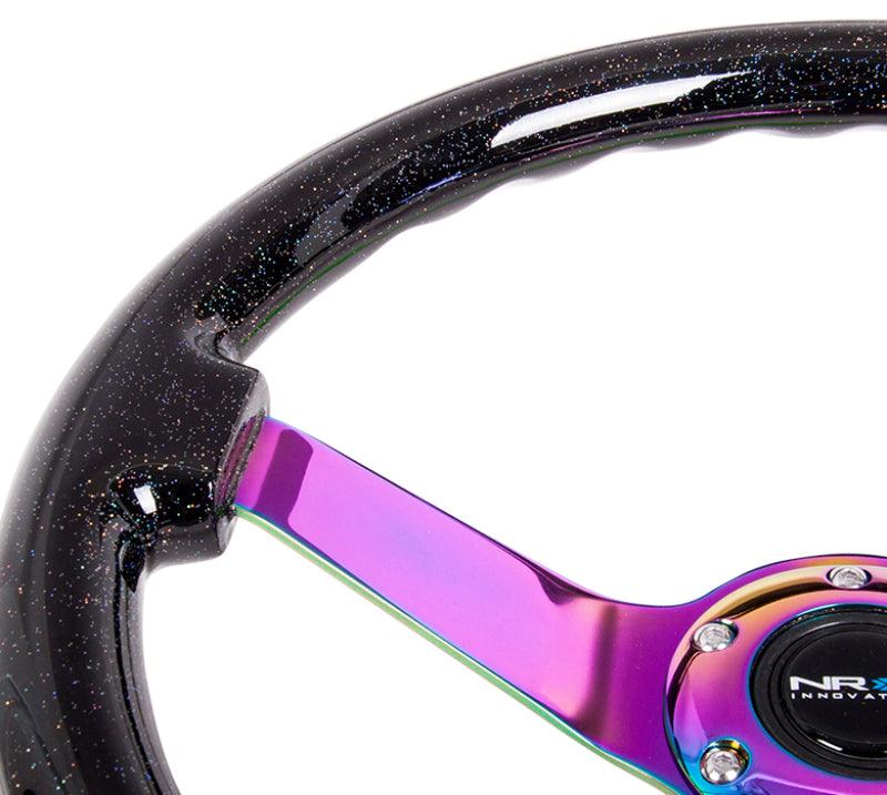 NRG Reinforced Steering Wheel (350mm / 3in. Deep) Classic Blk Sparkle w/4mm Neochrome 3-Spoke Center - Torque Motorsport