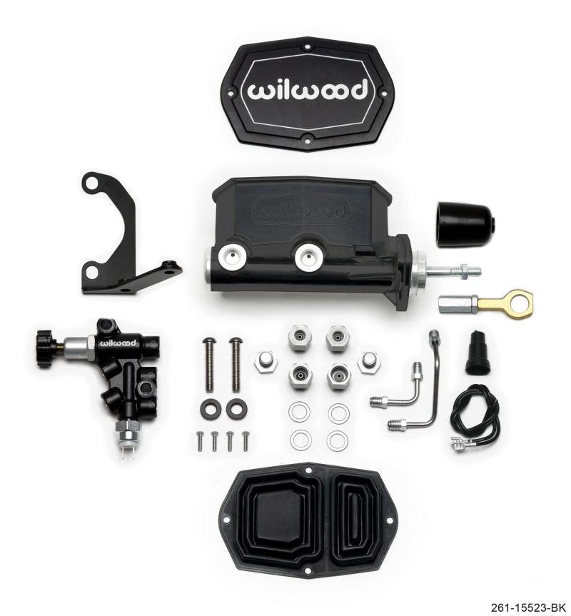 Wilwood Compact Tandem M/C - 15/16in Bore w/Bracket and Valve fits Mustang (Pushrod) - Black - Torque Motorsport