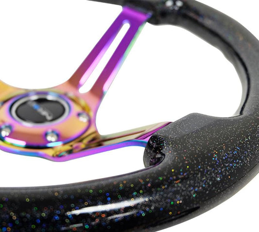 NRG Reinforced Steering Wheel (350mm / 3in. Deep) Blk Multi Color Flake w/ Neochrome Center Mark - Torque Motorsport