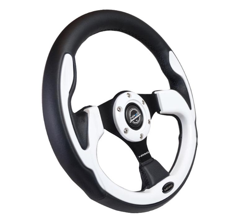 NRG Reinforced Steering Wheel (320mm) Blk w/White Trim & 4mm 3-Spoke - Torque Motorsport