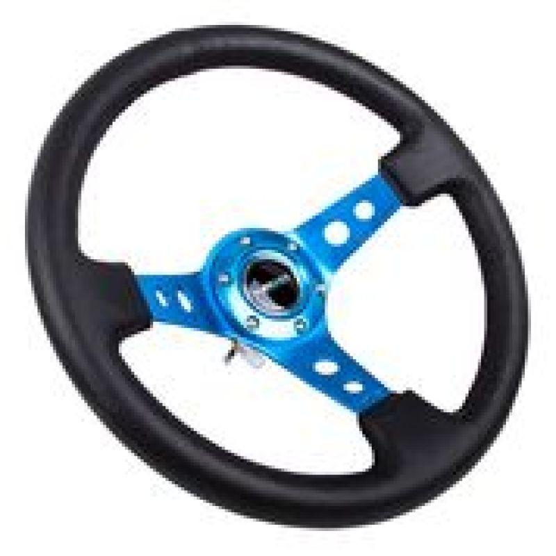 NRG Reinforced Steering Wheel (350mm / 3in. Deep) Blk Leather w/Blue Circle Cutout Spokes - Torque Motorsport