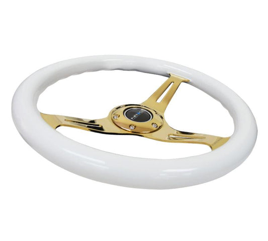 NRG Classic Wood Grain Steering Wheel (350mm) White Grip w/Chrome Gold 3-Spoke Center - Torque Motorsport