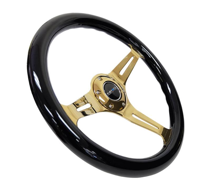 NRG Classic Wood Grain Steering Wheel (350mm) Black Grip w/Chrome Gold 3-Spoke Center - Torque Motorsport