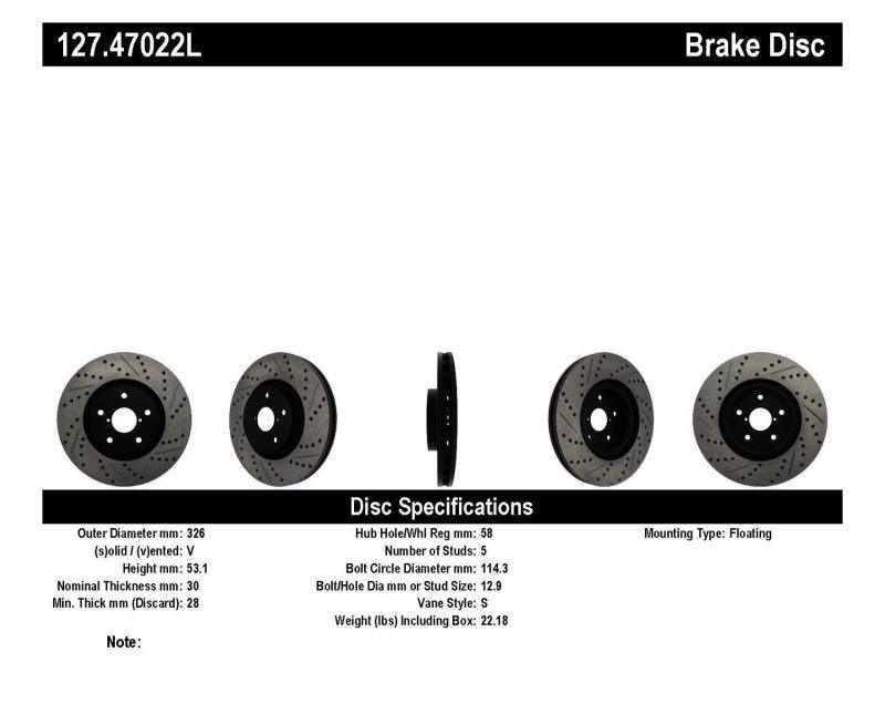 StopTech 05-10 Subaru Impreza WRX/STi Slotted & Drilled Left Front Rotor - Torque Motorsport