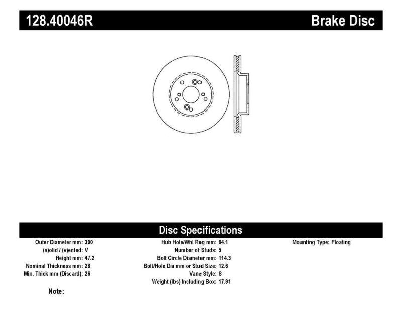 StopTech 99-08 Acura TL (STD Caliber) / 01-03 CL / 04-09 TSX Cross Drilled Right Front Rotor - Torque Motorsport