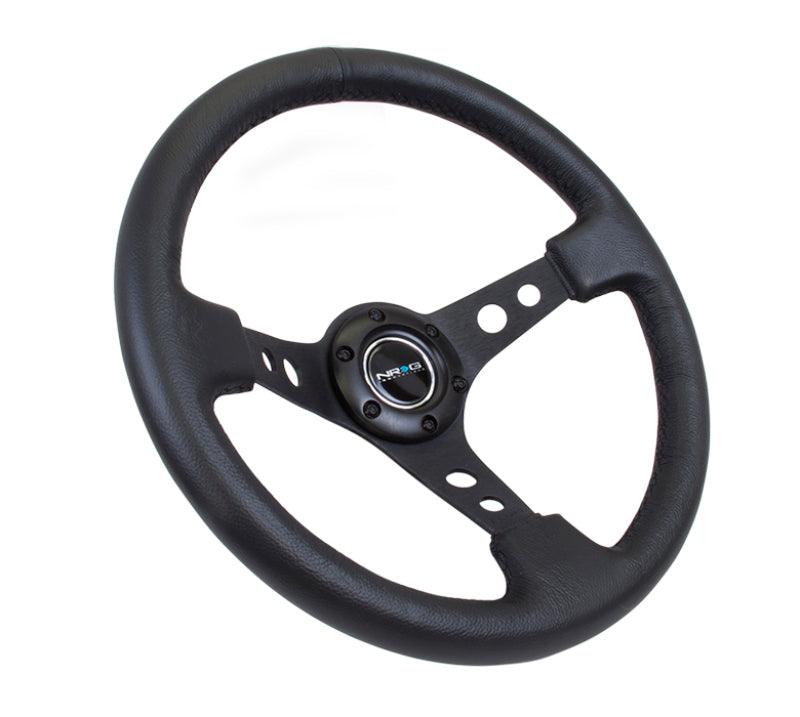 NRG Reinforced Steering Wheel (350mm / 3in. Deep) Blk Leather w/Blk Spoke & Circle Cutouts - Torque Motorsport