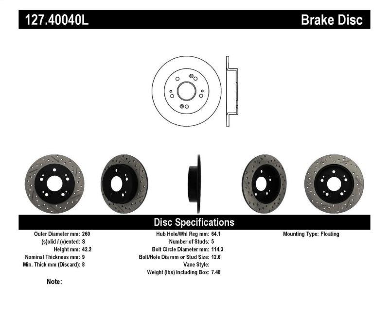 StopTech 06-09 Honda Civic Ex/Si Slotted & Drilled Left Rear Rotor - Torque Motorsport