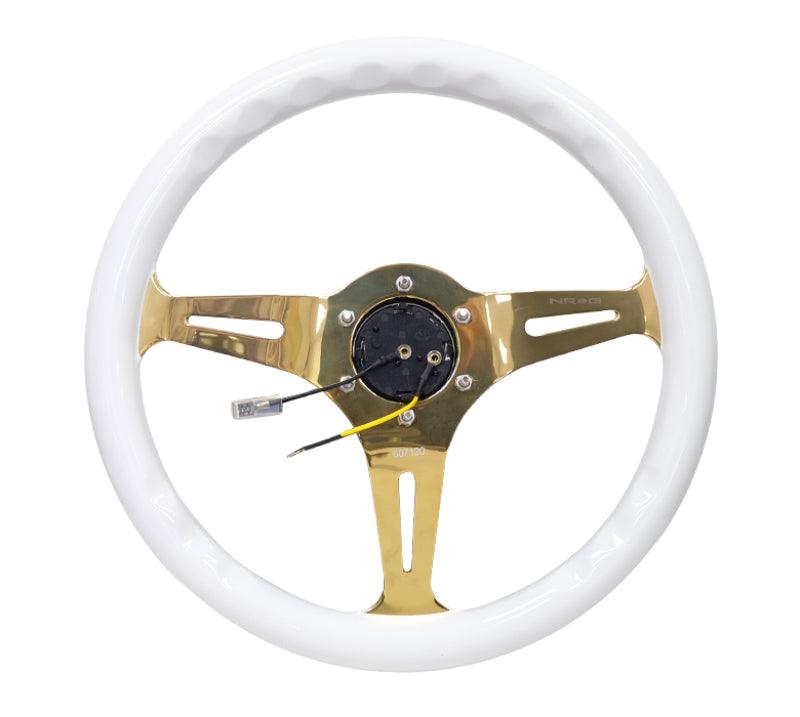 NRG Classic Wood Grain Steering Wheel (350mm) White Grip w/Chrome Gold 3-Spoke Center - Torque Motorsport