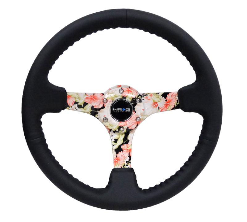 NRG Reinforced Steering Wheel (350mm / 3in. Deep) Blk Leather Floral Dipped w/ Blk Baseball Stitch - Torque Motorsport