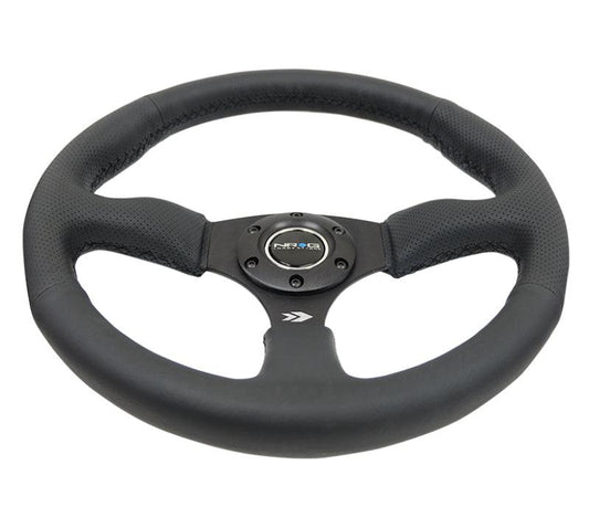 NRG Reinforced Steering Wheel (350mm / 2.5in. Deep) Blk Leather Comfort Grip w/5mm Matte Blk Spokes - Torque Motorsport