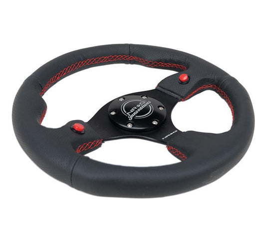 NRG Reinforced Steering Wheel (320mm) Blk Leather w/Dual Buttons - Torque Motorsport