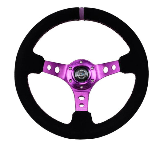 NRG Reinforced Steering Wheel (350mm / 3in. Deep) Black Suede w/Purple Center & Purple Stitching - Torque Motorsport