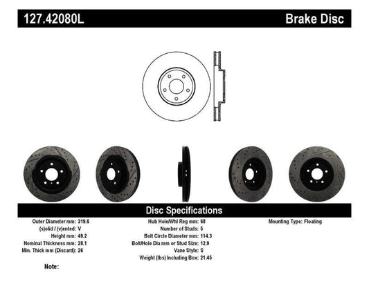 StopTech 06-07 350Z / 05-07 G35 exp Sport/ 06-07 G35X SportStop Slotted & Drilled Front Left Rotor - Torque Motorsport