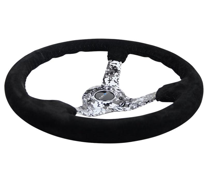 NRG Reinforced Steering Wheel (350mm / 3in. Deep) Blk Suede w/Hydrodipped Digi-Camo Spokes - Torque Motorsport