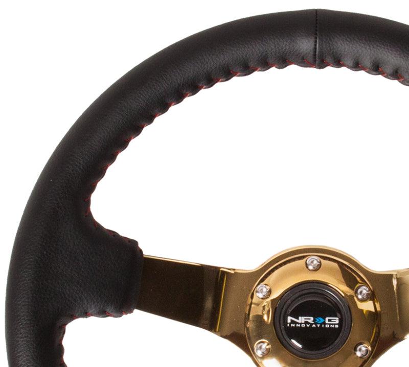 NRG Reinforced Steering Wheel (350mm / 3in. Deep) Blk Leather/Red BBall Stitch w/4mm Gold Spokes - Torque Motorsport