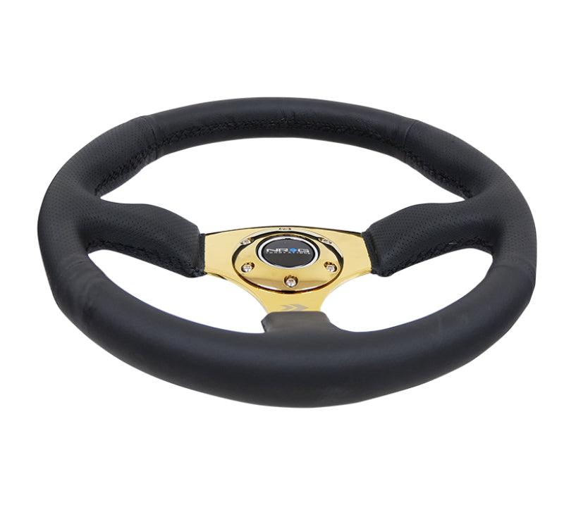 NRG Reinforced Steering Wheel (350mm / 2.5in. Deep) Leather Race Comfort Grip w/4mm Gold Spokes - Torque Motorsport