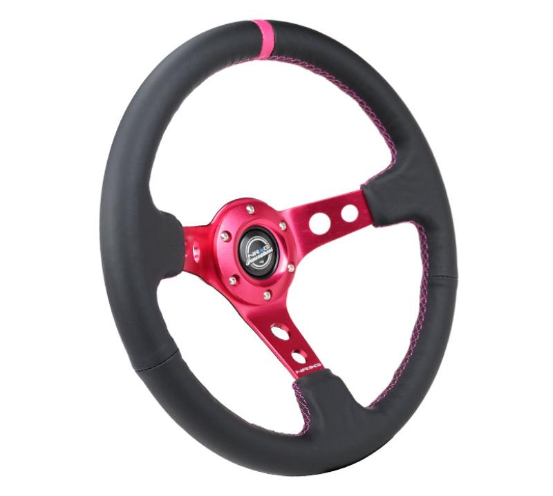 NRG Reinforced Steering Wheel (350mm/3in. Deep) Black Leather/ Fushia Center Mark/ Fushia Stitching - Torque Motorsport