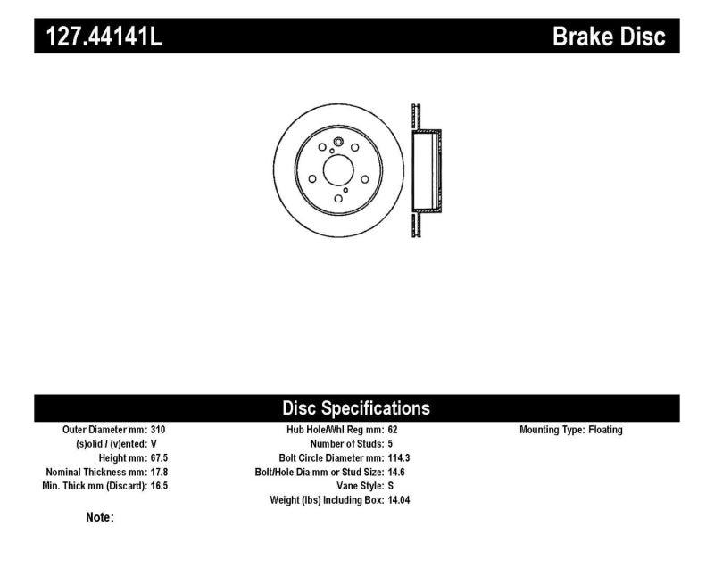 StopTech Power Slot 06-11 Lexus GS Series / 06-12 IS350 Rear Left Drilled & Slotted Rotor - Torque Motorsport