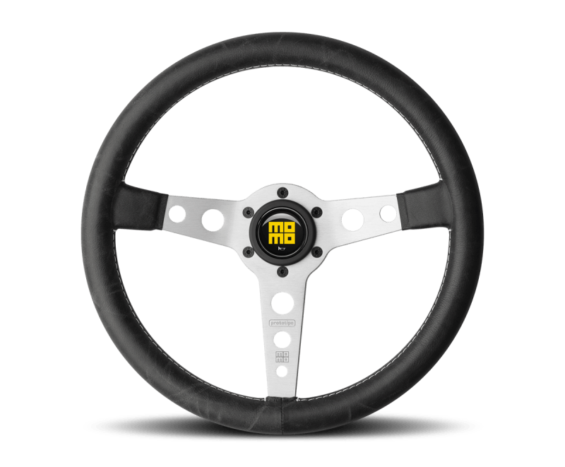 Momo Prototipo Steering Wheel 350 mm - Black Leather/White Stitch/Brshd Spokes - Torque Motorsport