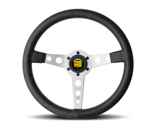 Momo Prototipo Steering Wheel 350 mm - Black Leather/White Stitch/Brshd Spokes - Torque Motorsport