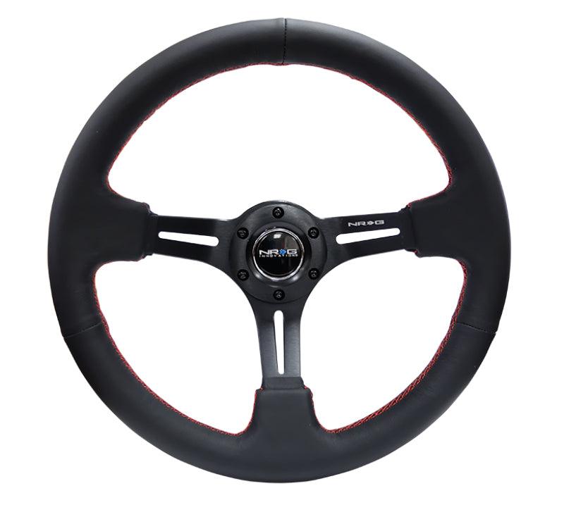 NRG Reinforced Steering Wheel (350mm / 3in. Deep) Black Leather/Red Stitch & Blk 3-Spoke w/Slits - Torque Motorsport