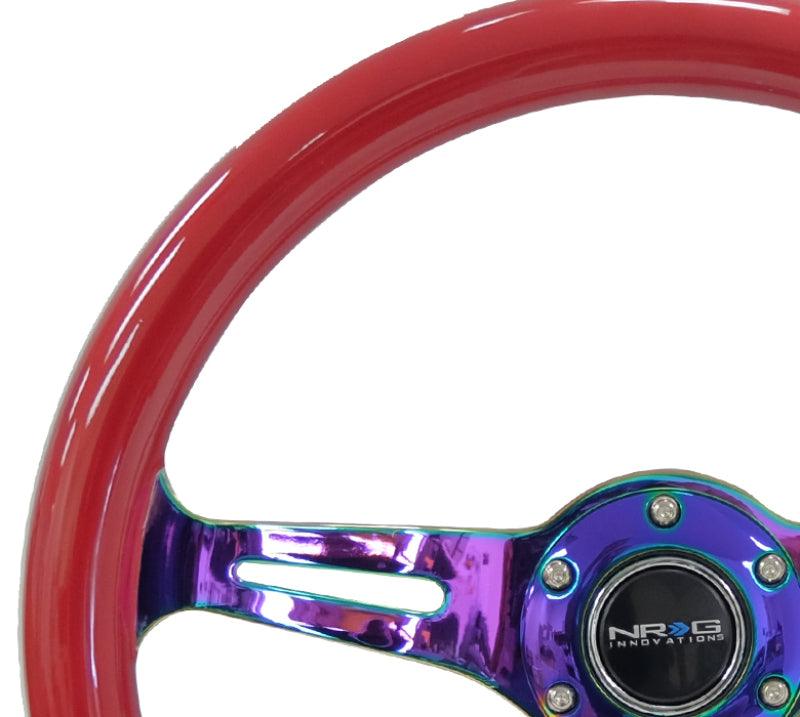 NRG Classic Wood Grain Steering Wheel (350mm) Red Grip w/Neochrome 3-Spoke Center - Torque Motorsport