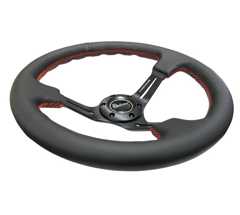 NRG Reinforced Steering Wheel (350mm / 3in. Deep) Black Leather/Red Stitch & Blk 3-Spoke w/Slits - Torque Motorsport