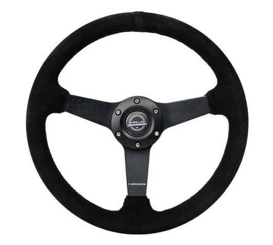 NRG Sport Steering Wheel (350mm / 1.5in Deep) Black Suede/Black Stitch w/Matte Black Solid Spokes - Torque Motorsport