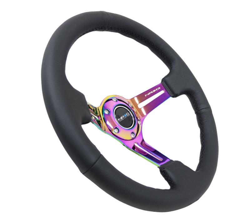 NRG Reinforced Steering Wheel (350mm / 3in. Deep) Blk Leather/Blk Stitch w/Neochrome Slits - Torque Motorsport