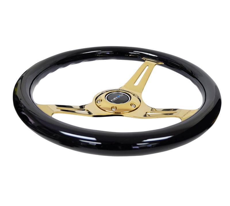 NRG Classic Wood Grain Steering Wheel (350mm) Black Grip w/Chrome Gold 3-Spoke Center - Torque Motorsport