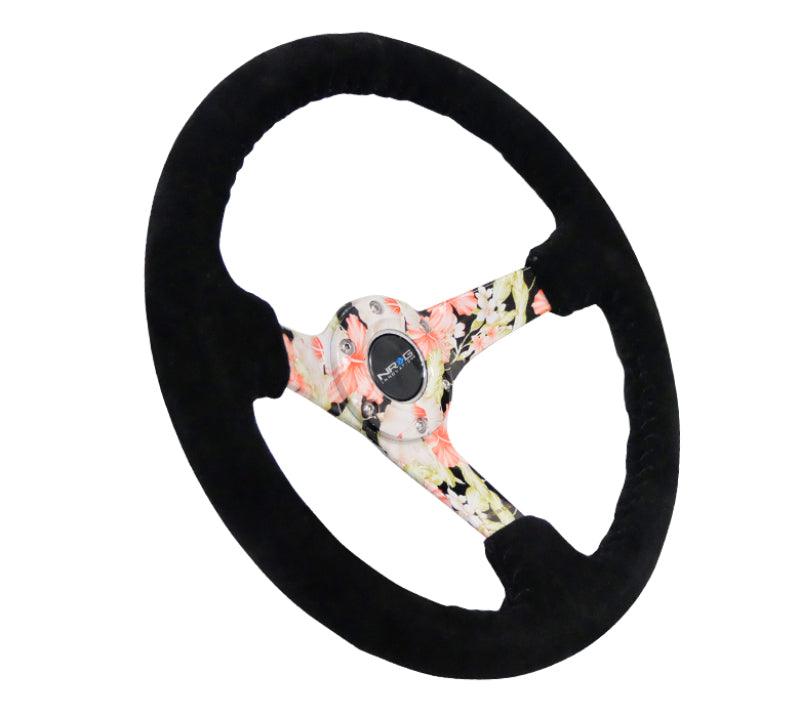 NRG Reinforced Steering Wheel (350mm / 3in. Deep) Blk Suede Floral Dipped w/ Blk Baseball Stitch - Torque Motorsport