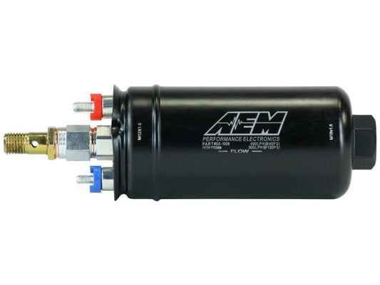 AEM 400LPH High Pressure Inline Fuel Pump - M18x1.5 Female Inlet to M12x1.5 Male Outlet - Torque Motorsport