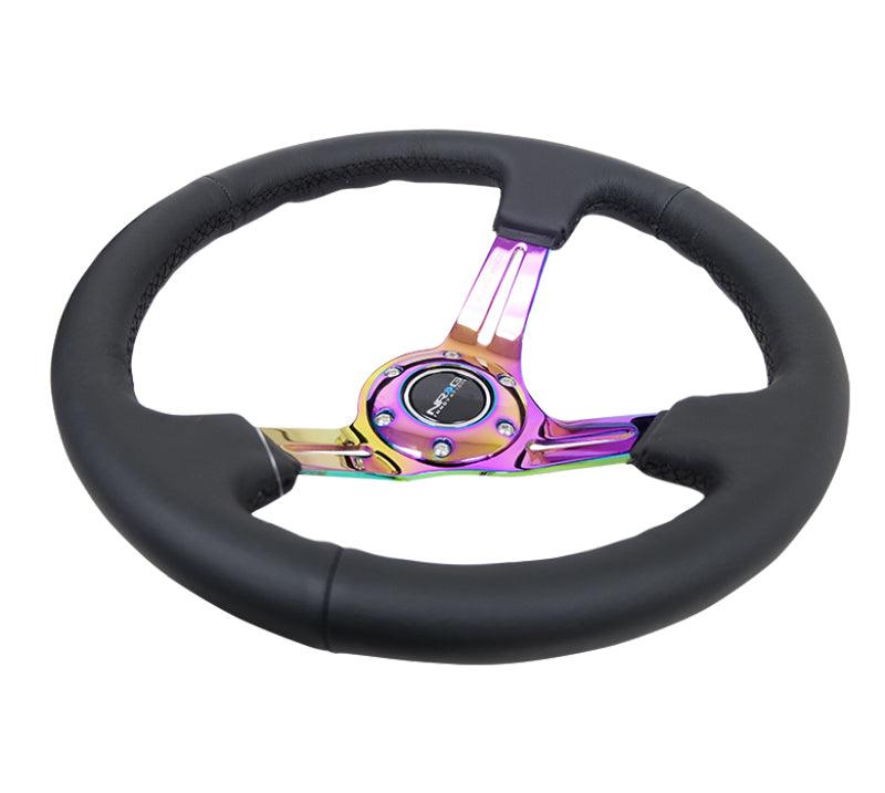 NRG Reinforced Steering Wheel (350mm / 3in. Deep) Blk Leather/Blk Stitch w/Neochrome Slits - Torque Motorsport