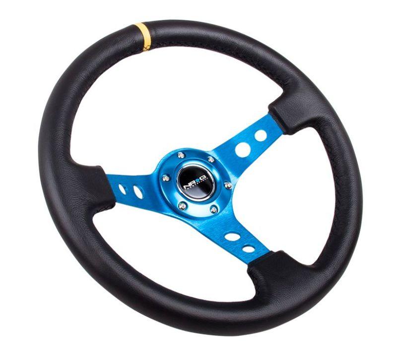 NRG Reinforced Steering Wheel (350mm / 3in. Deep) Blk Leather w/Blue Circle Cutout Spokes - Torque Motorsport