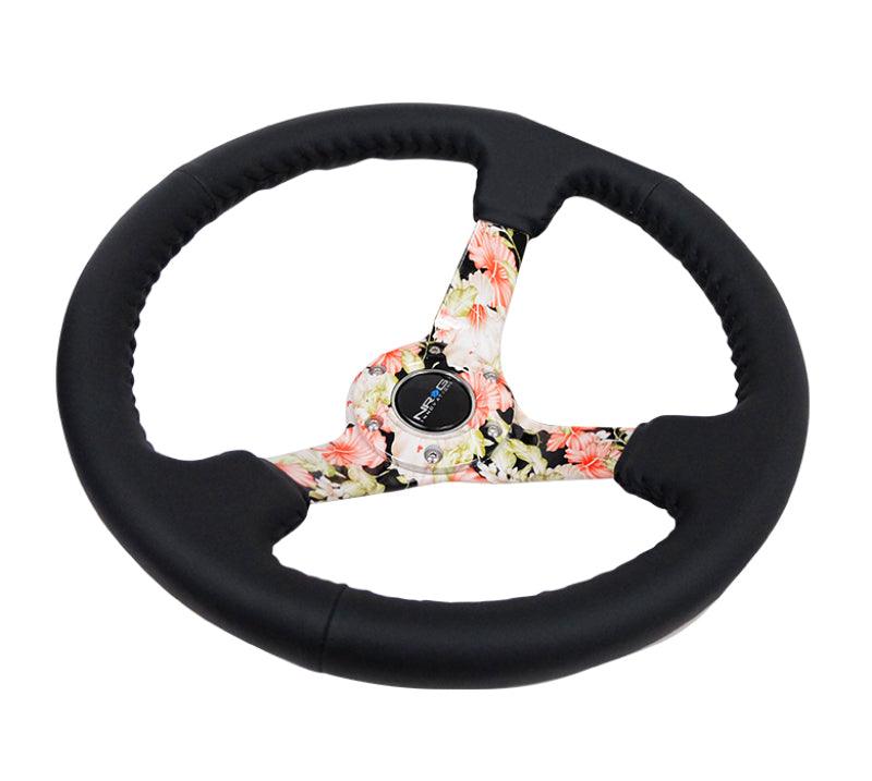 NRG Reinforced Steering Wheel (350mm / 3in. Deep) Blk Leather Floral Dipped w/ Blk Baseball Stitch - Torque Motorsport