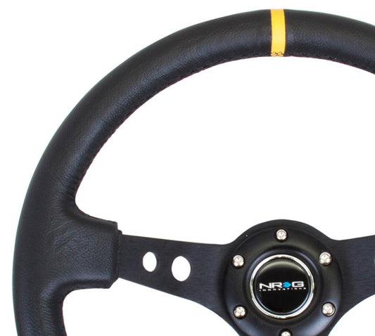 NRG Reinforced Steering Wheel (350mm / 3in. Deep) Blk Leather w/Blk Cutout Spoke/Yellow Center Mark - Torque Motorsport