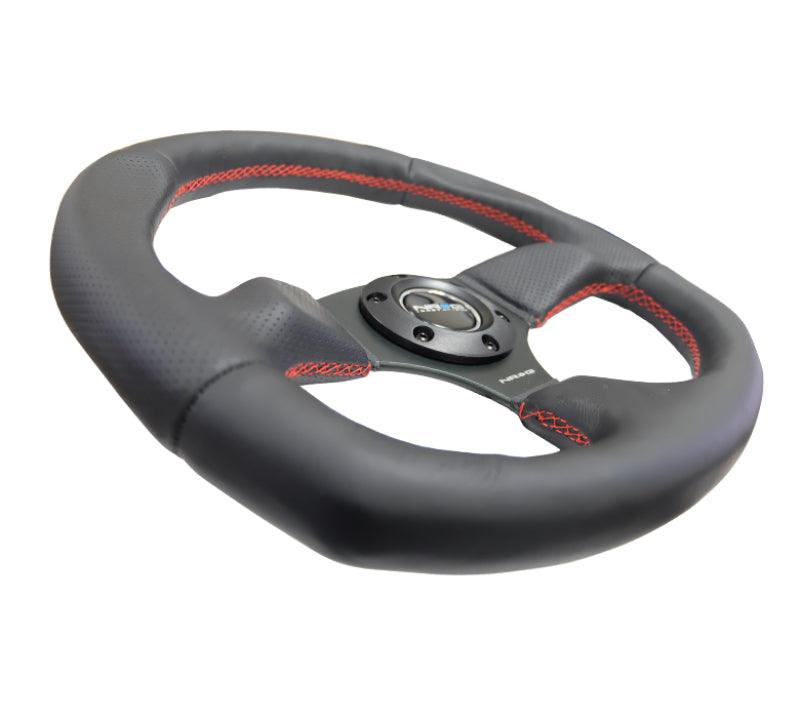 NRG Reinforced Steering Wheel (320mm Horizontal / 330mm Vertical) Leather w/Red Stitching - Torque Motorsport