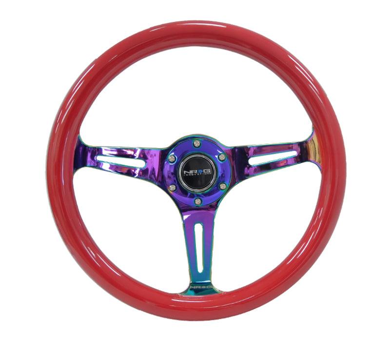 NRG Classic Wood Grain Steering Wheel (350mm) Red Grip w/Neochrome 3-Spoke Center - Torque Motorsport