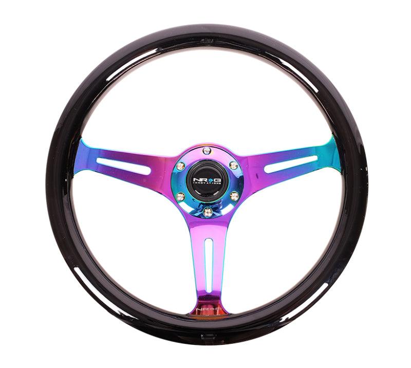 NRG Classic Wood Grain Steering Wheel (350mm) Black Paint Grip w/Neochrome 3-Spoke Center - Torque Motorsport