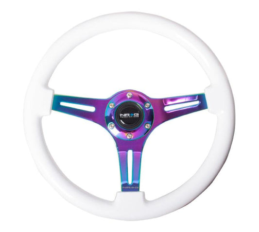 NRG Classic Wood Grain Steering Wheel (350mm) White Paint Grip w/Neochrome 3-Spoke Center - Torque Motorsport