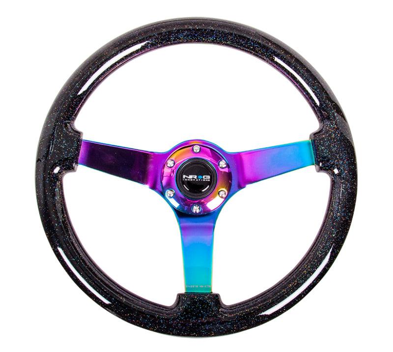 NRG Reinforced Steering Wheel (350mm / 3in. Deep) Classic Blk Sparkle w/4mm Neochrome 3-Spoke Center - Torque Motorsport