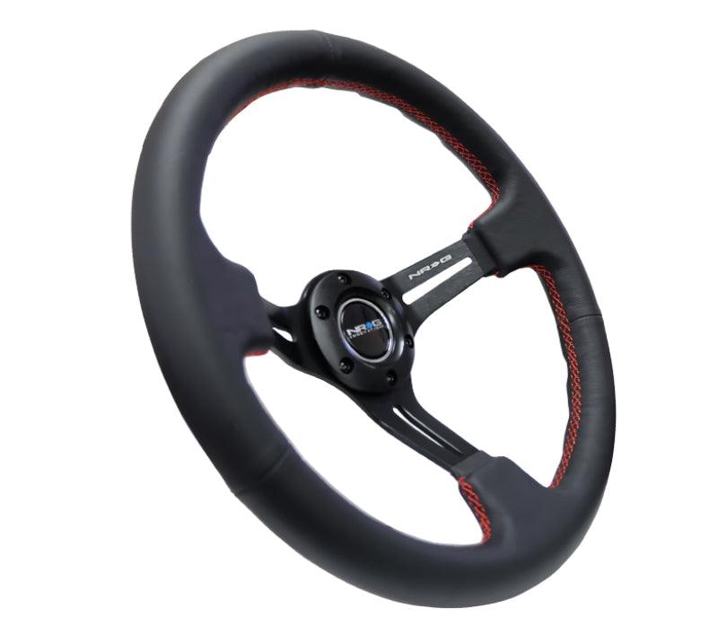 NRG Reinforced Steering Wheel (350mm / 3in. Deep) Black Leather/Red Stitch & Blk 3-Spoke w/Slits - Torque Motorsport