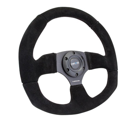 NRG Reinforced Steering Wheel (320mm Horizontal / 330mm Vertical) Black Suede w/Black Stitching - Torque Motorsport